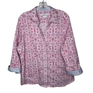 Foxcroft Womens XL Button Down Shirt Pink Medallion Print Office Career Work